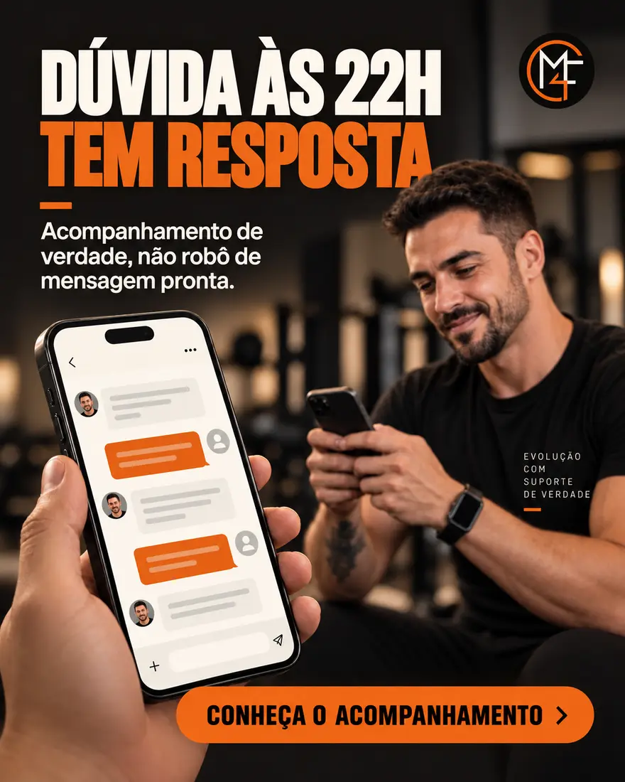 Anúncio do Make4Fit: conversa no celular com a chamada “Dúvida às 22h tem resposta”