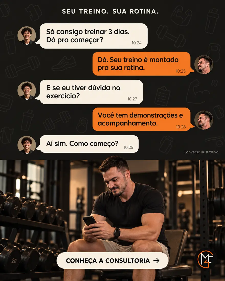 Anúncio do Make4Fit: conversa ilustrativa sobre treinar três dias por semana, sob o título “Seu treino. Sua rotina.”