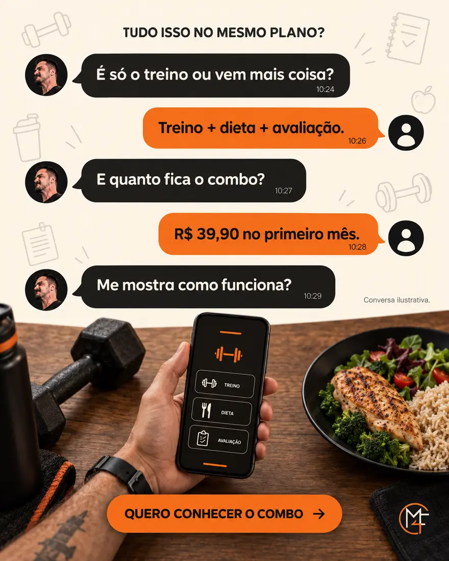 Anúncio do Make4Fit: conversa ilustrativa sobre o combo de treino, dieta e avaliação por R$ 39,90 no primeiro mês
