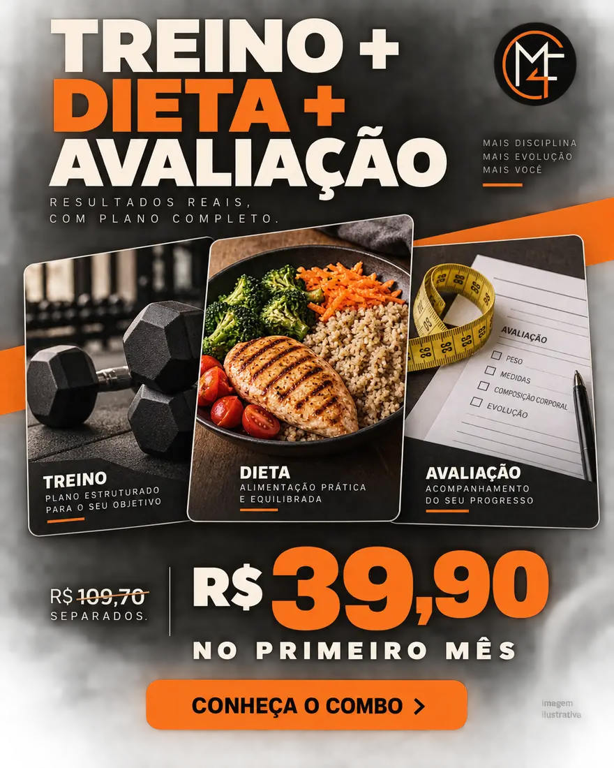 Anúncio do Make4Fit: halteres, prato de comida e ficha de avaliação, com a chamada “Treino + dieta + avaliação por R$ 39,90 no primeiro mês”