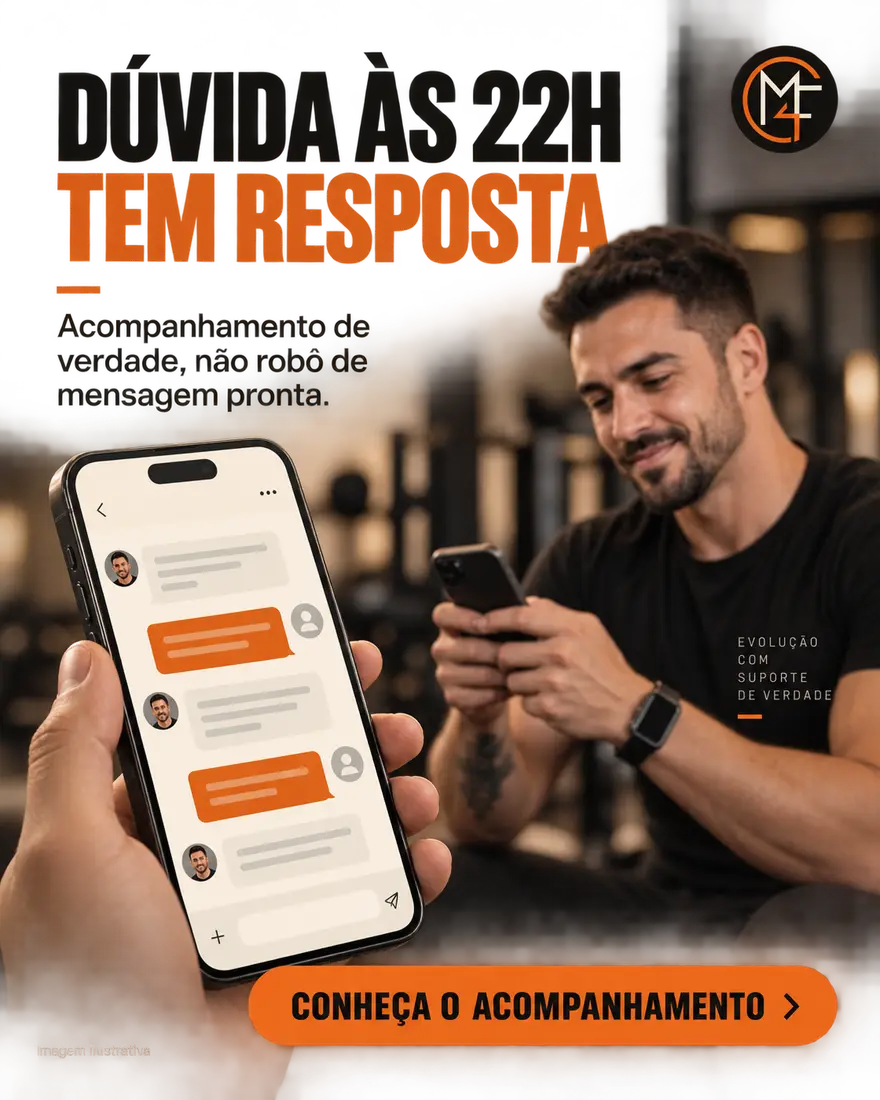 Anúncio do Make4Fit: conversa no celular com a chamada “Dúvida às 22h tem resposta”