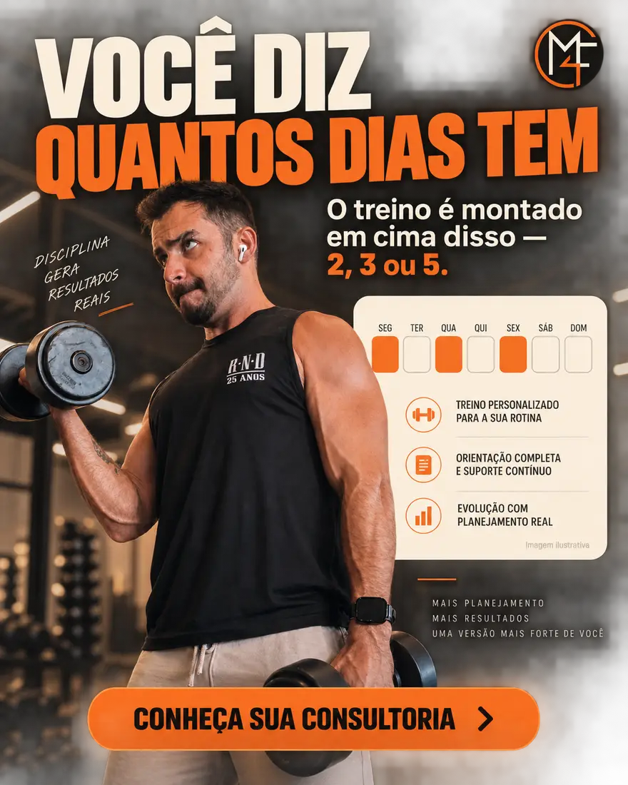 Anúncio do Make4Fit: homem treinando com halteres ao lado de um calendário semanal, com a chamada “Você diz quantos dias tem”