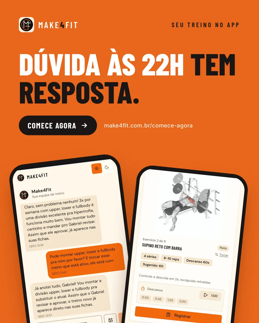 Anúncio do Make4Fit: duas telas do aplicativo, o chat com a equipe de treino e um exercício com demonstração, sob o título “Dúvida às 22h tem resposta”