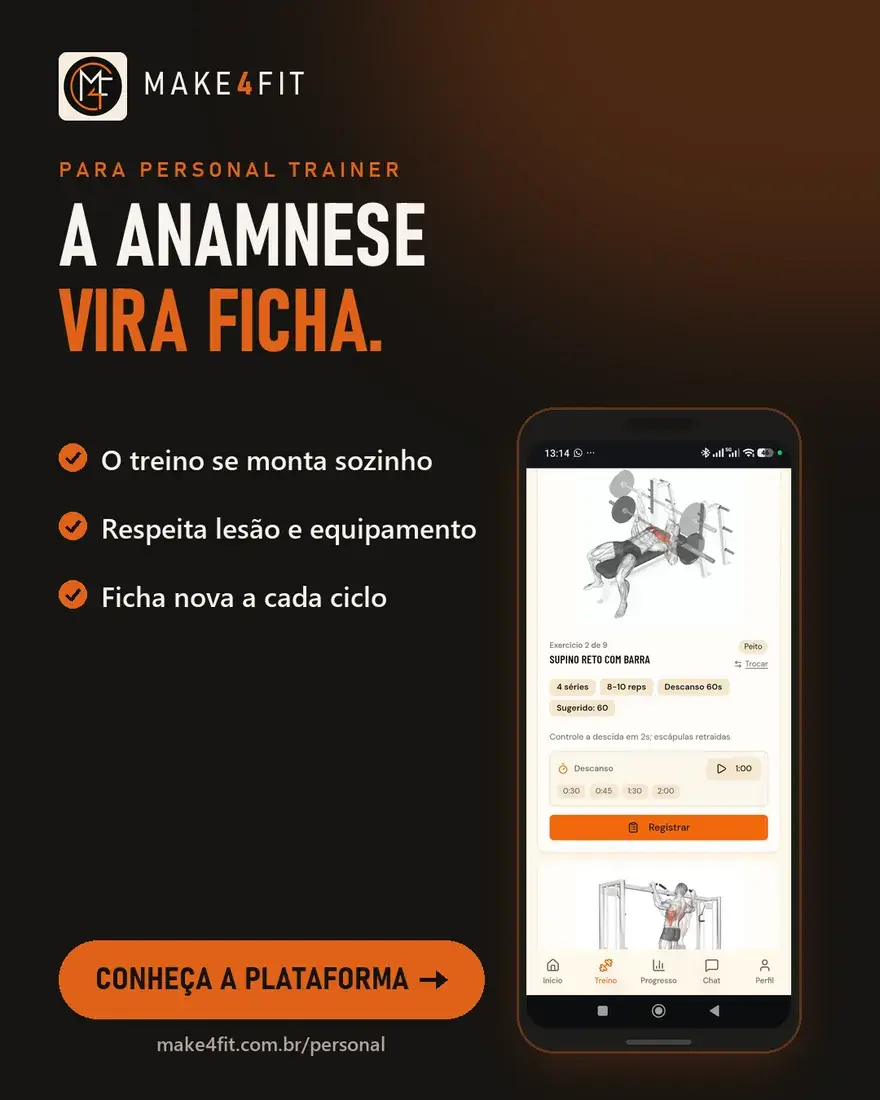 Anúncio do Make4Fit para personal: tela real do treino do dia no celular, com o título “A anamnese vira ficha”
