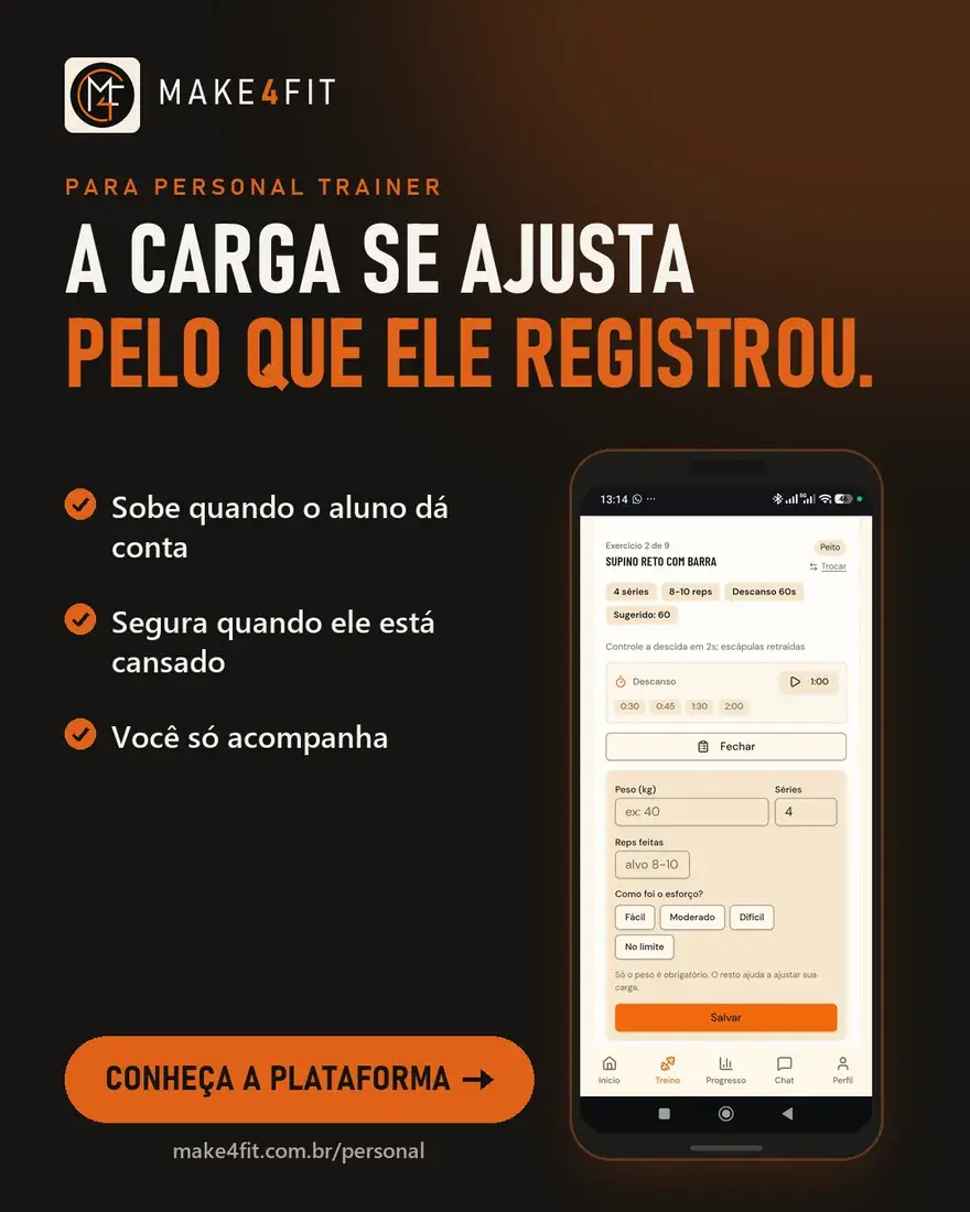 Anúncio do Make4Fit para personal: tela real do registro de carga no celular, com o título “A carga se ajusta pelo que ele registrou”