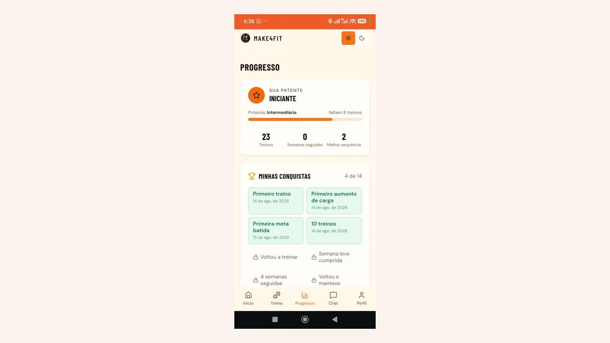 Tela de progresso do aluno no Make4Fit: 23 treinos feitos, melhor sequência e conquistas, entre elas o primeiro aumento de carga