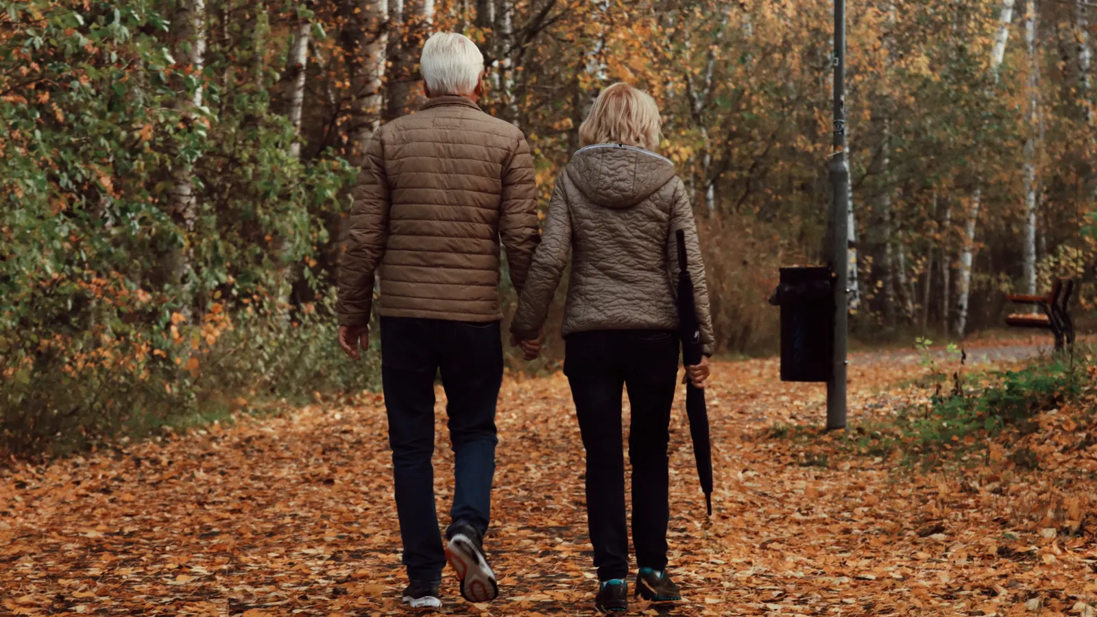 Casal de idosos caminhando de mãos dadas num parque no outono